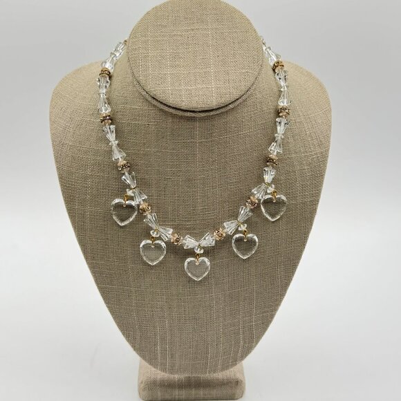Vintage Art Deco Hearts Glass Necklace With Rhinestones Gold Tone Clasp RARE - Picture 1 of 5